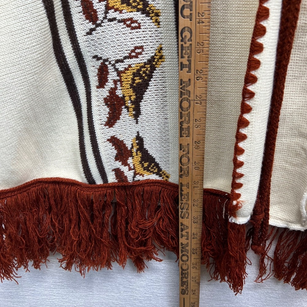 Vintage 70s Sweater Poncho Serape Womens OS Cream Brown Fringe Tie Front Cape - Picture 4 of 10